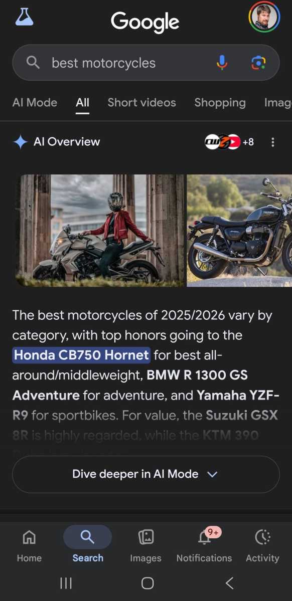Recherche Google de motos sur mobile