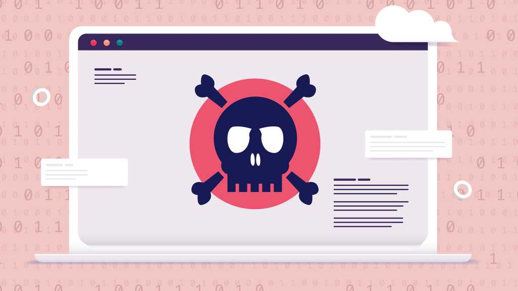 Computer virus - Laptop with red screen and skull showing danger and malware alert.