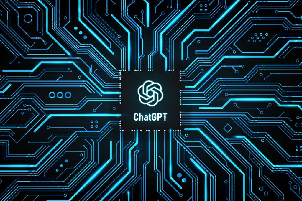 ChatGPT logo as AI artificial intelligence chip on a circuit board illustration hero