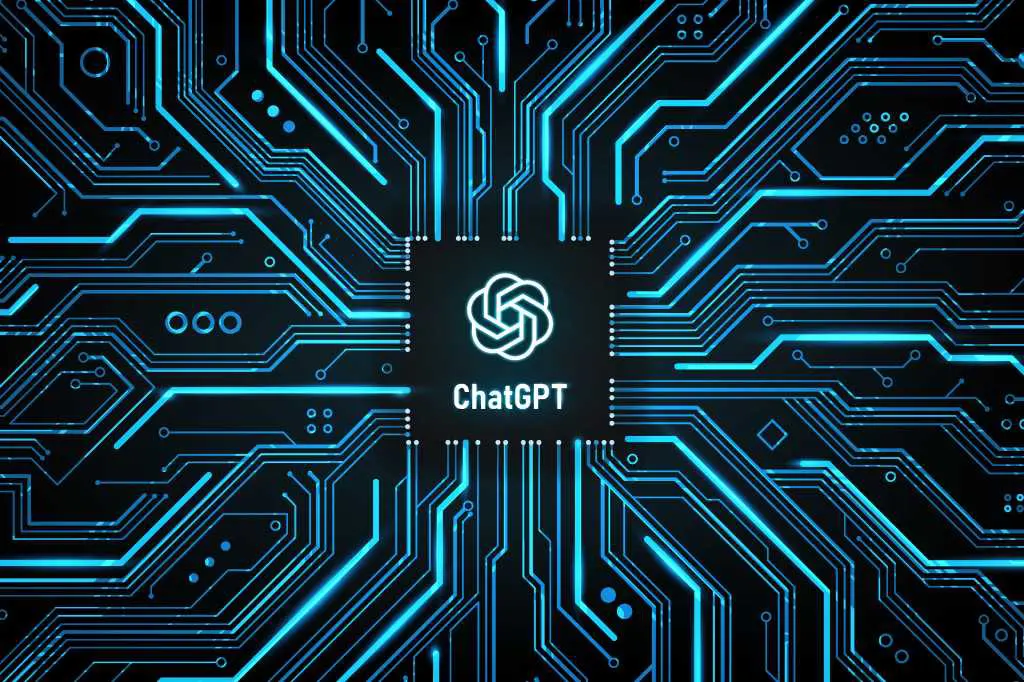ChatGPT logo as AI artificial intelligence chip on a circuit board illustration hero