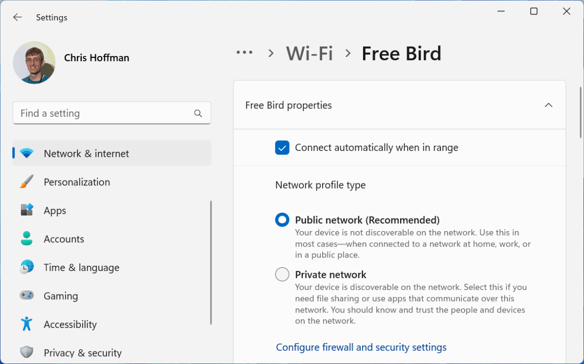 Page de paramètres Windows 11 pour le paramètre de réseau public