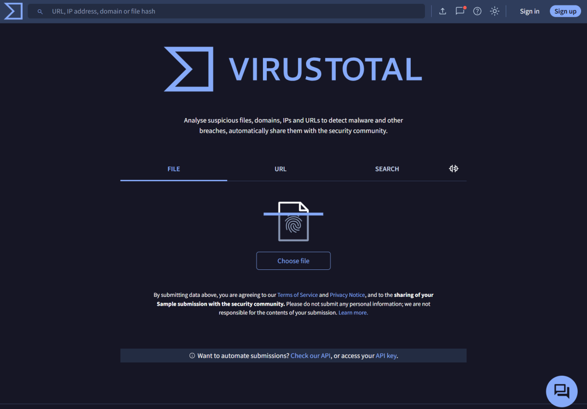 Page principale de VirusTotal (novembre 2025)