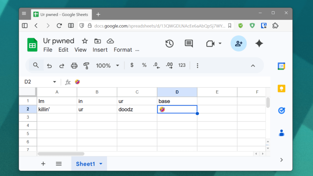 Google Sheets screenshot: "Im in ur base killin