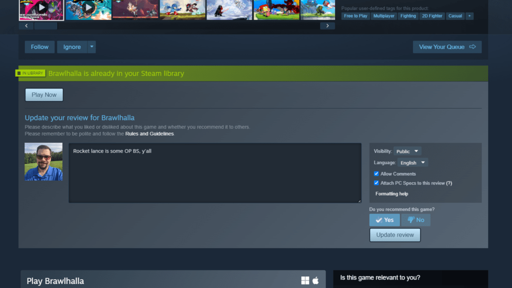 Steam review field with PC specs option