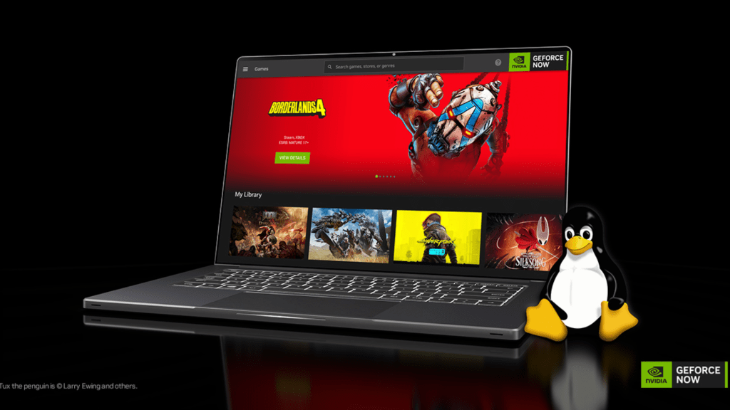 Geforce Now Linux tux laptop promo image
