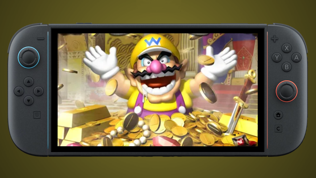 Nintendo Switch 2 with Wario in a pile of gold coins