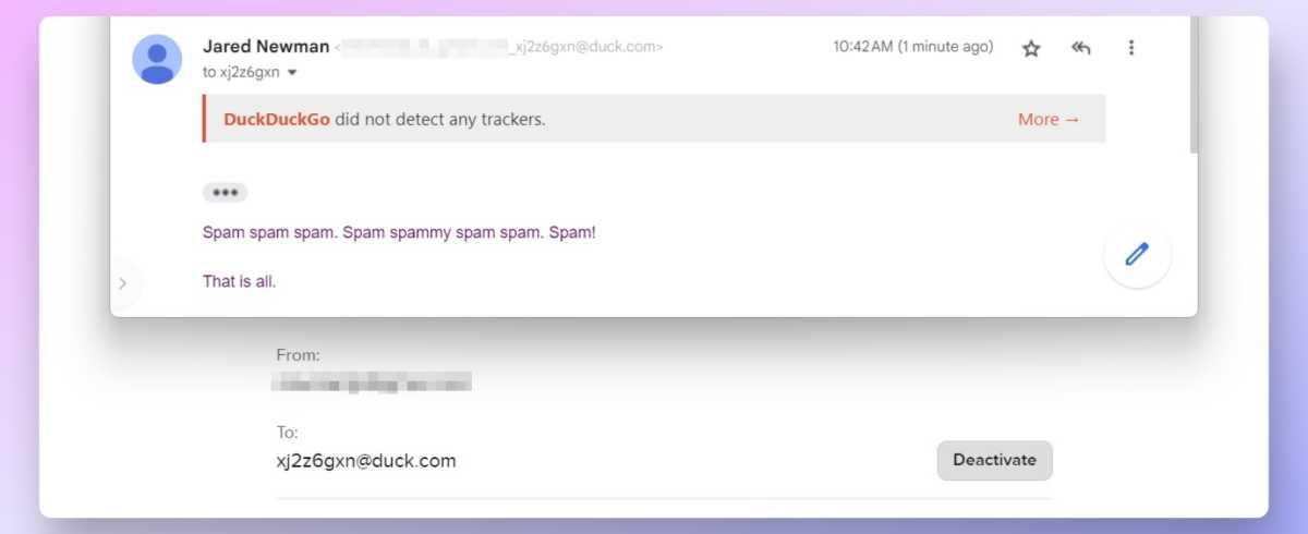 E-mail masqué transmis via DuckDuckGo