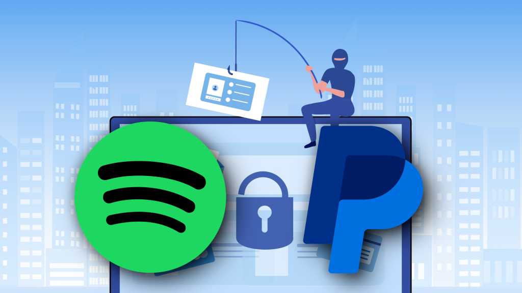 Phishing email hacker on laptop with Spotify and PayPal logos