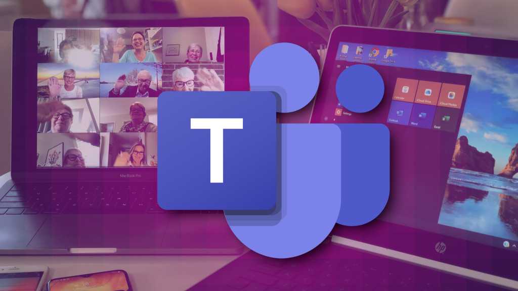 Microsoft Teams logo in front of laptop with video conference