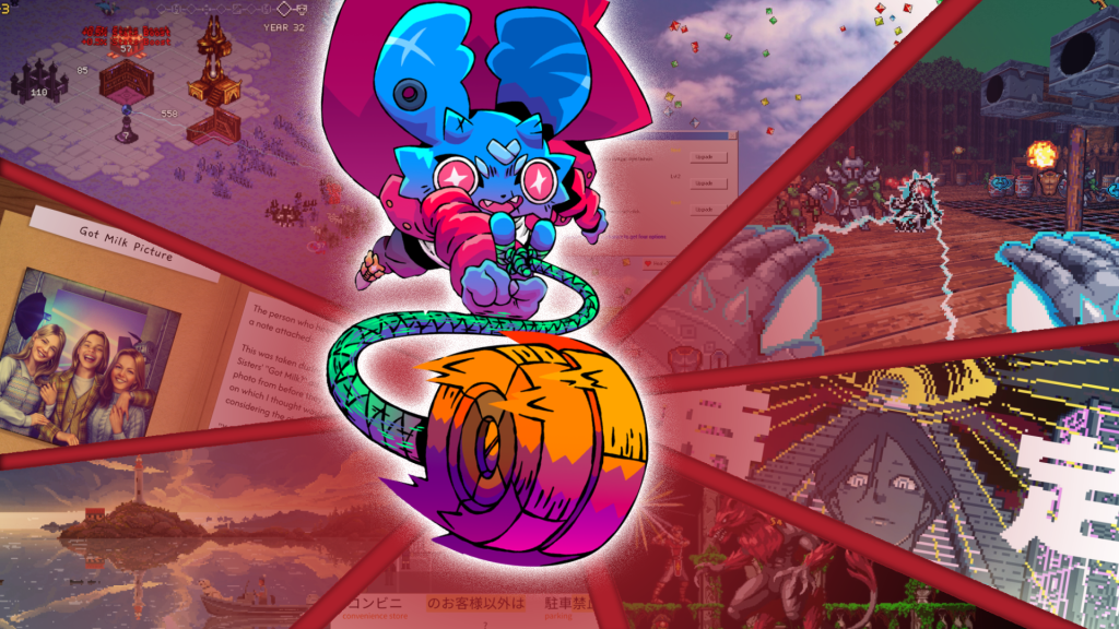 Pipstrello and the Cursed Yoyo character, swinging a yoyo, on top of a collage of other recent PC games.