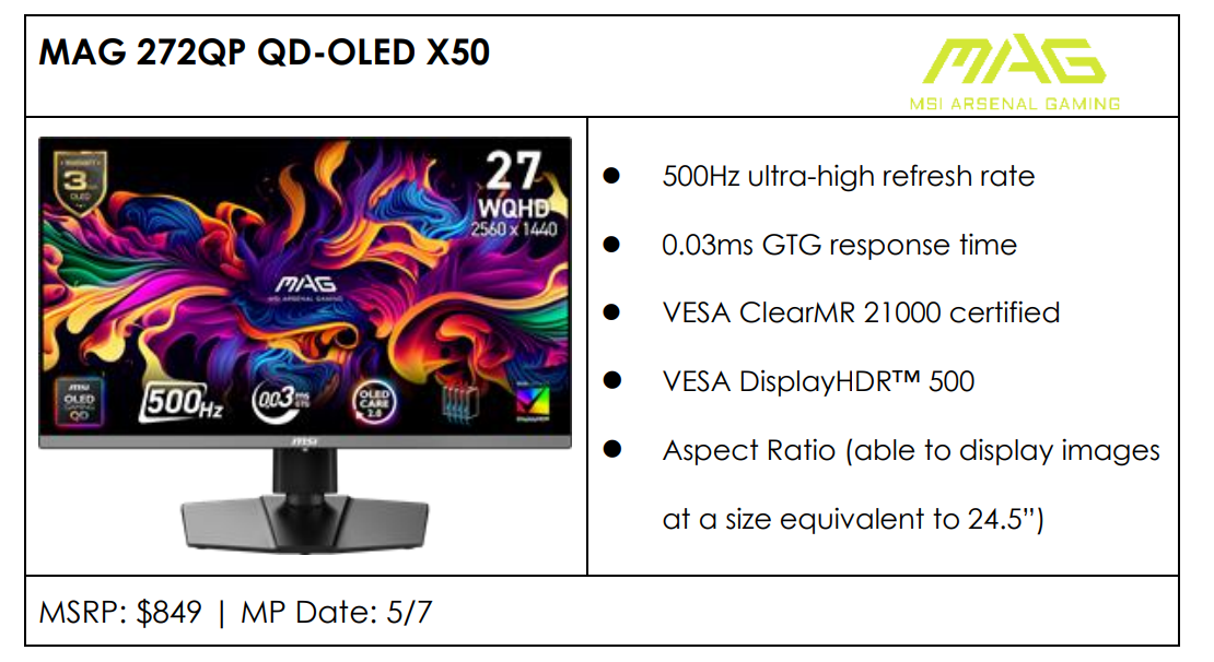 Moniteur MSI OLED 500Hz