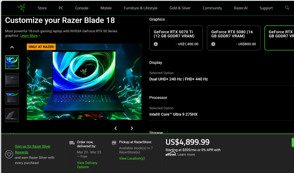 Intel Core Ultra 200HX inside Razer Blade 18 laptop ordering page