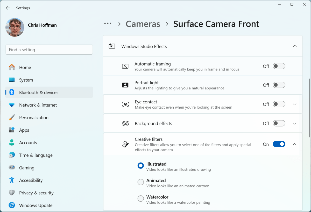 Capture d'écran des effets Windows Studio sur l'ordinateur portable Copilot Plus