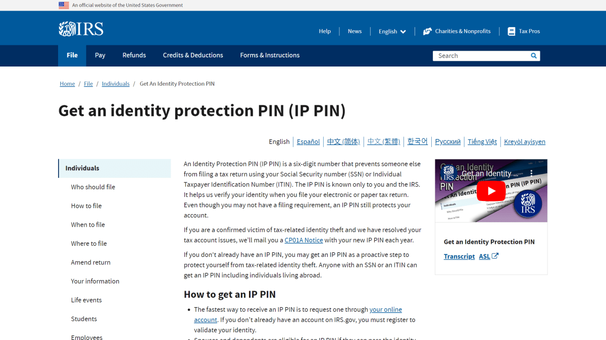 Site PIN de protection de l'identité (IRS.com)