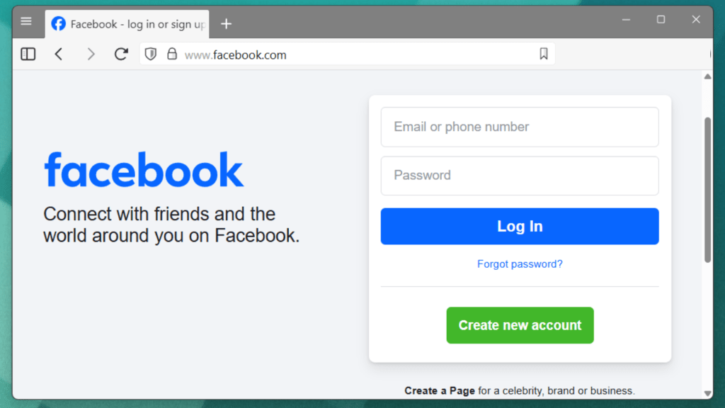 Facebook login page
