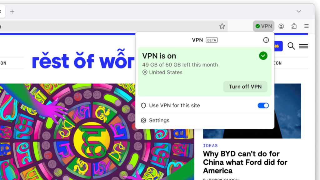 Firefox free VPN screenshot