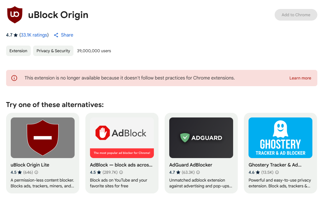 L'extension UBlock Origin n'est plus disponible dans la capture d'écran Chrome Web Store