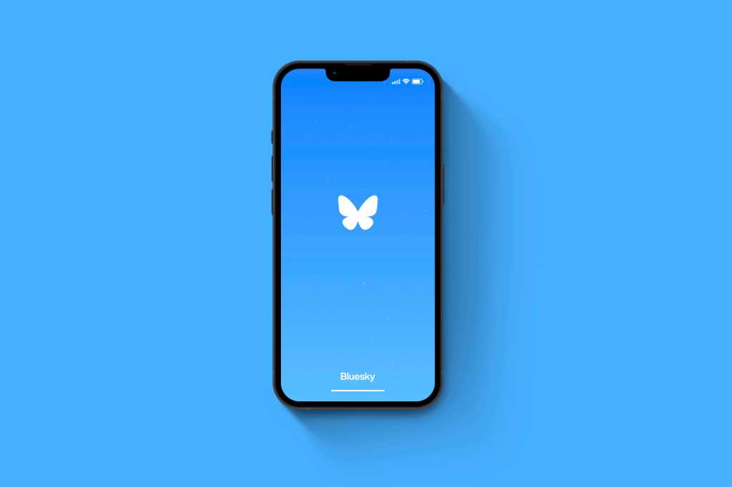 Bluesky logo on phone screen on matching blue background