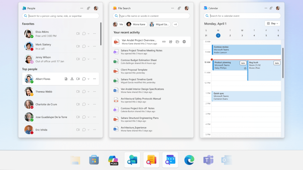 Microsoft 365 companion apps, People, File Search, and Calendar