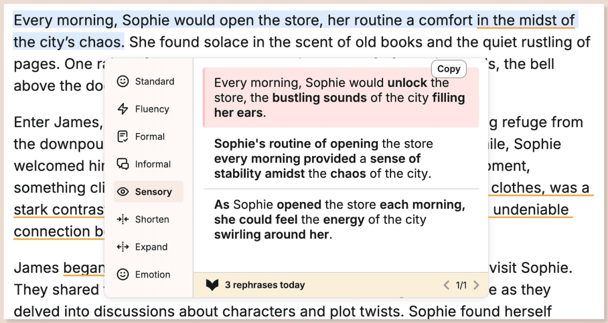 Exemple de fonctionnalité de reformularité AI de ProwritingAid