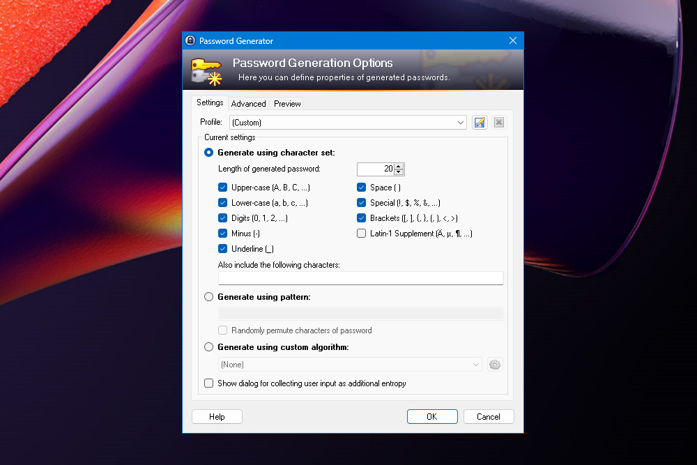 Capture d'écran Options de génération de mots de passe Keepass