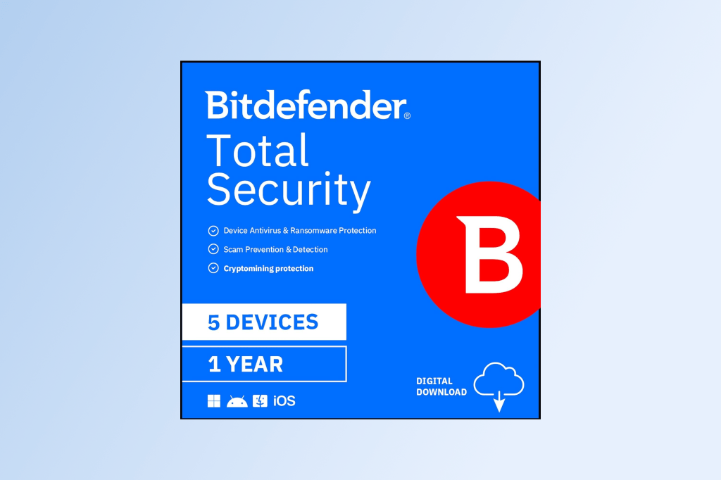 Bitdefender Total Security box art against a light blue background