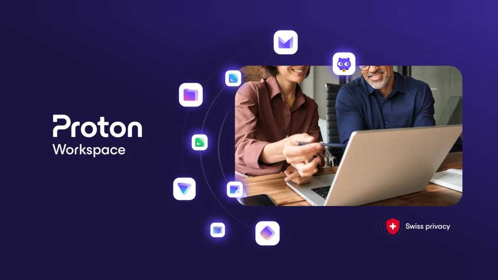 Proton Workspace showing app icons and people working on laptop