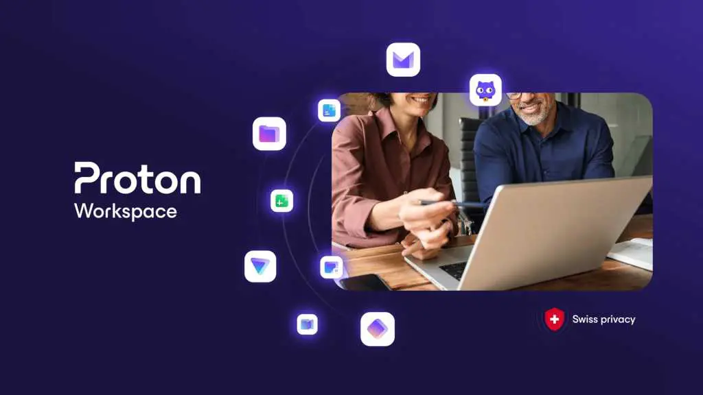 Proton Workspace showing app icons and people working on laptop