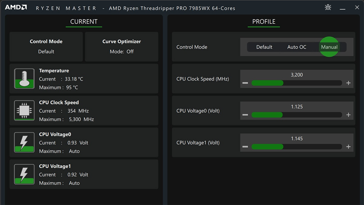 Capture d'écran AMD Ryzen Master Current et Profile