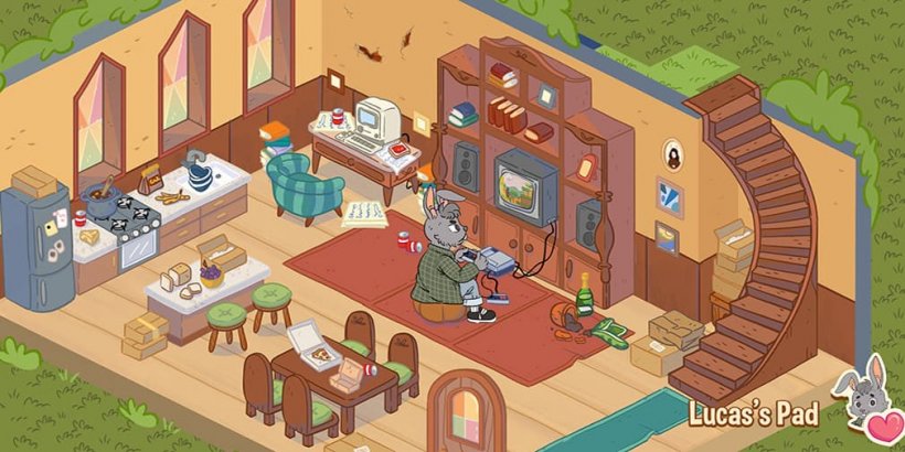 Une maison en désordre d'une pièce avec un lapin gris assis par terre jouant à des jeux vidéo sur une vieille télévision scolaire