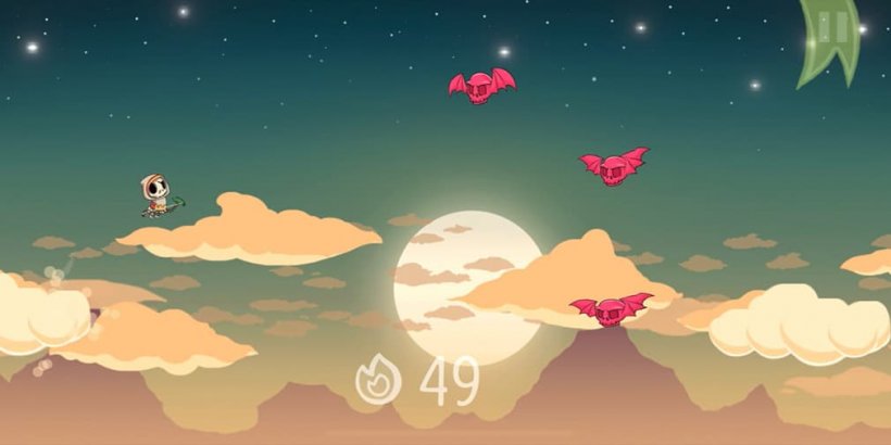 héros squelette volant au-delà des nuages ​​vers des crânes à ailes rouges