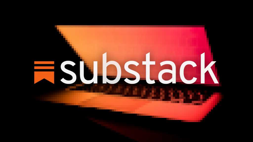 Substack logo on a blurred background of a laptop halfway closed