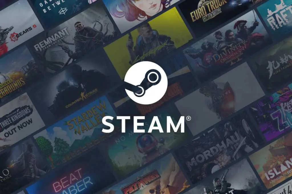 Steam logo on top of a background full of Steam library games