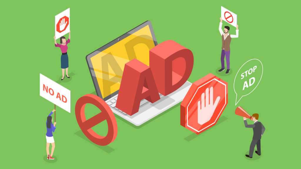 Adblock illustration with ad on laptop and ad blocker protests