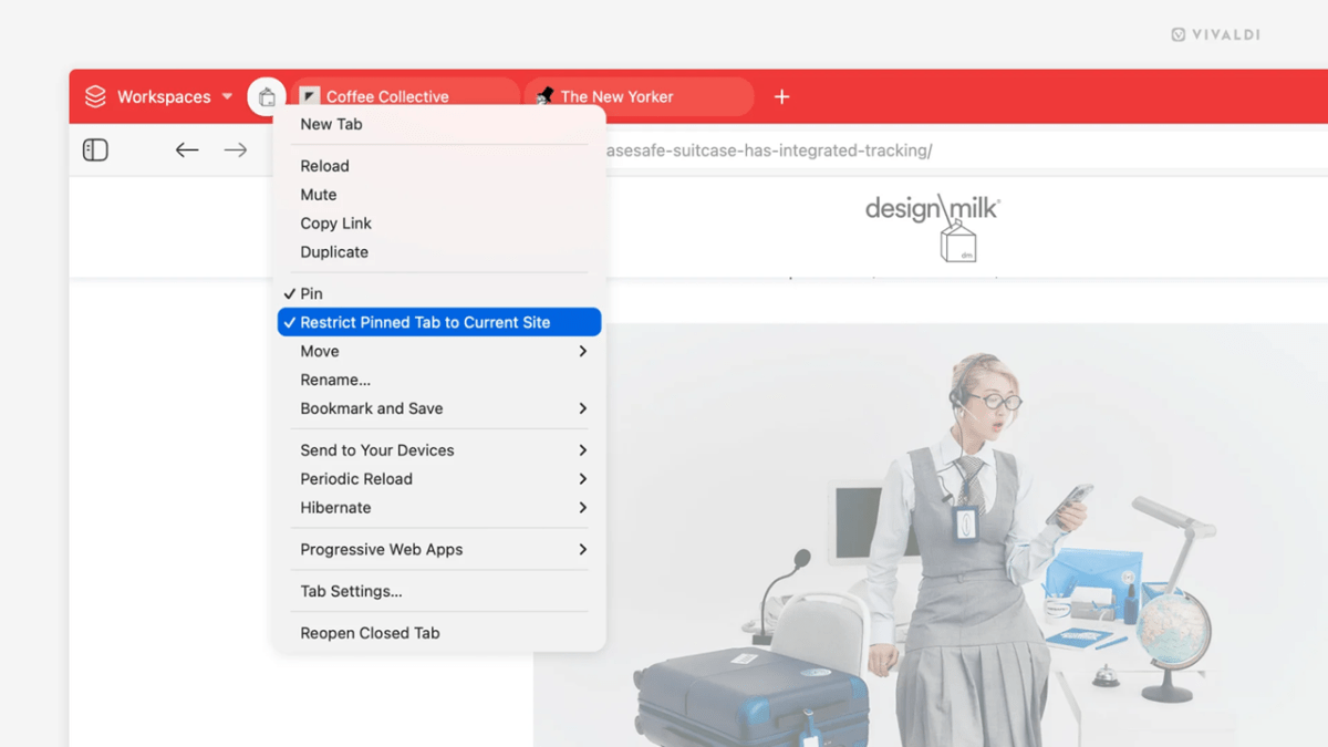 Vivaldi restreint l'onglet épinglé