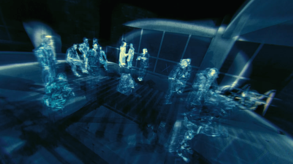 The Dark Knight sonar scene. Human-shaped figures visible in a room with blue electronic waves everywhere