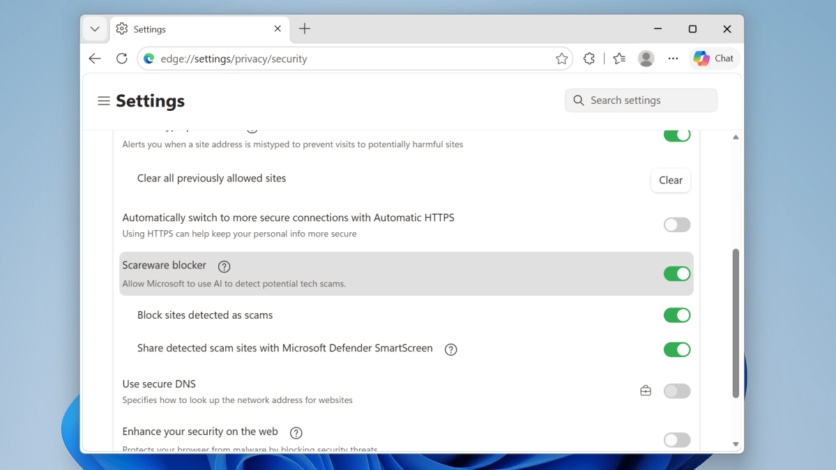 Capture d'écran activée par la fonctionnalité Scareware Blocker du navigateur Microsoft Edge