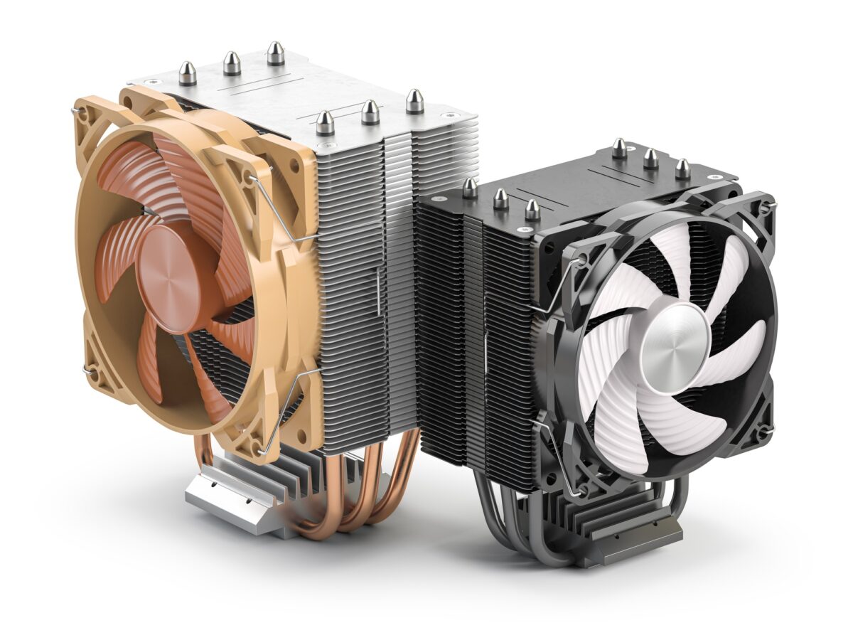 CPU cooler with heatpipes isolated on white background.